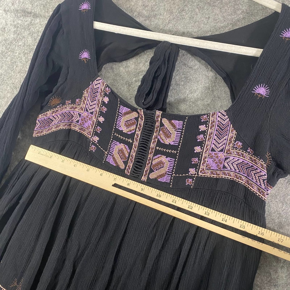 Free People Dress XS Black Purple Embroidered Long Sleeve Mini Rhiannon - Picture 7 of 11